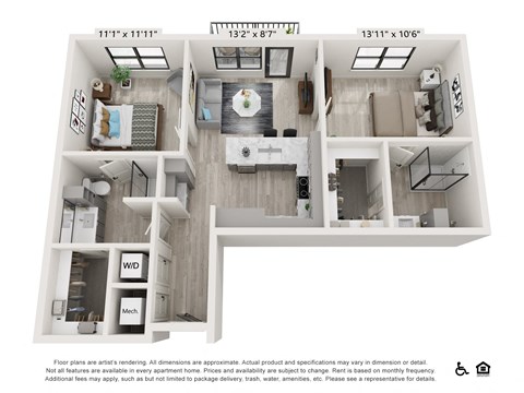 Floor plan for 2 beds, 2 baths, 962 sqft